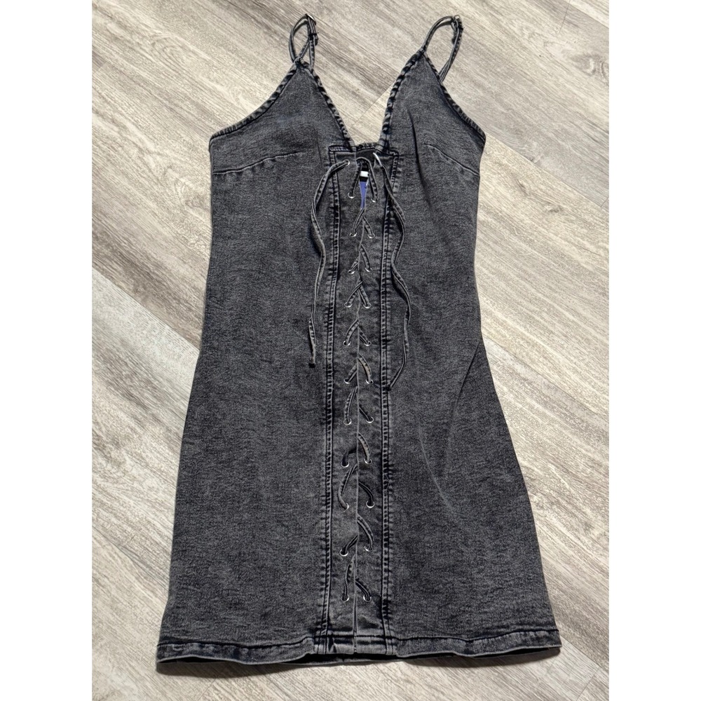 Chou Yatou Collection Black Denim Mini Dress Lace Up Spaghetti‎ Strap S